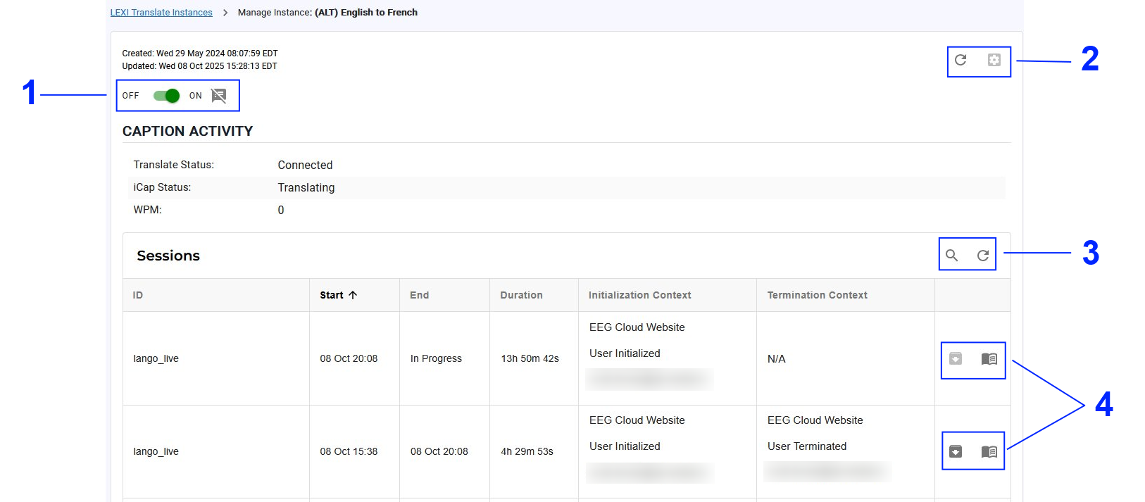 The Managing Instances page is where you can view, configure, and access the logs for individual instances. This page displays when you select an instance from LEXI Translate Instances list.