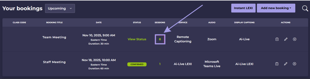 Your Booking Page with a Session Highlighted
