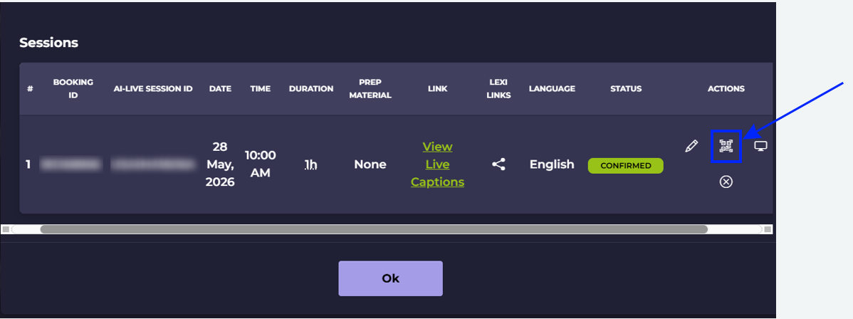 Sessions Page Showing The QR Code Icon