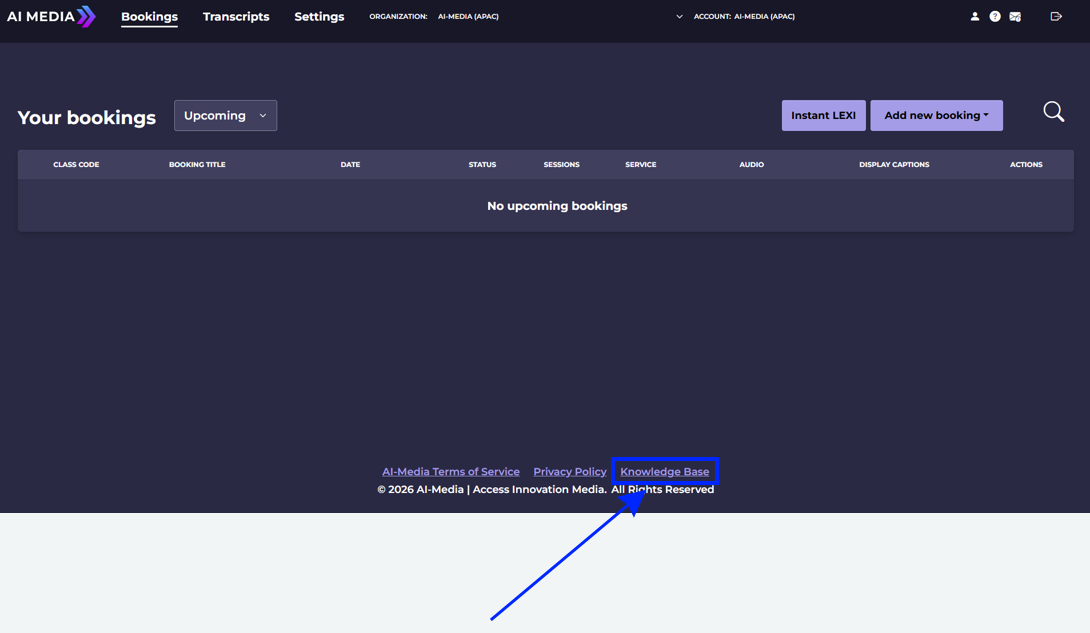 Your Bookings Page with Knowledge Base Link Highlighted