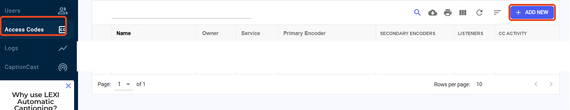 Access Codes list (empty) — select Add New