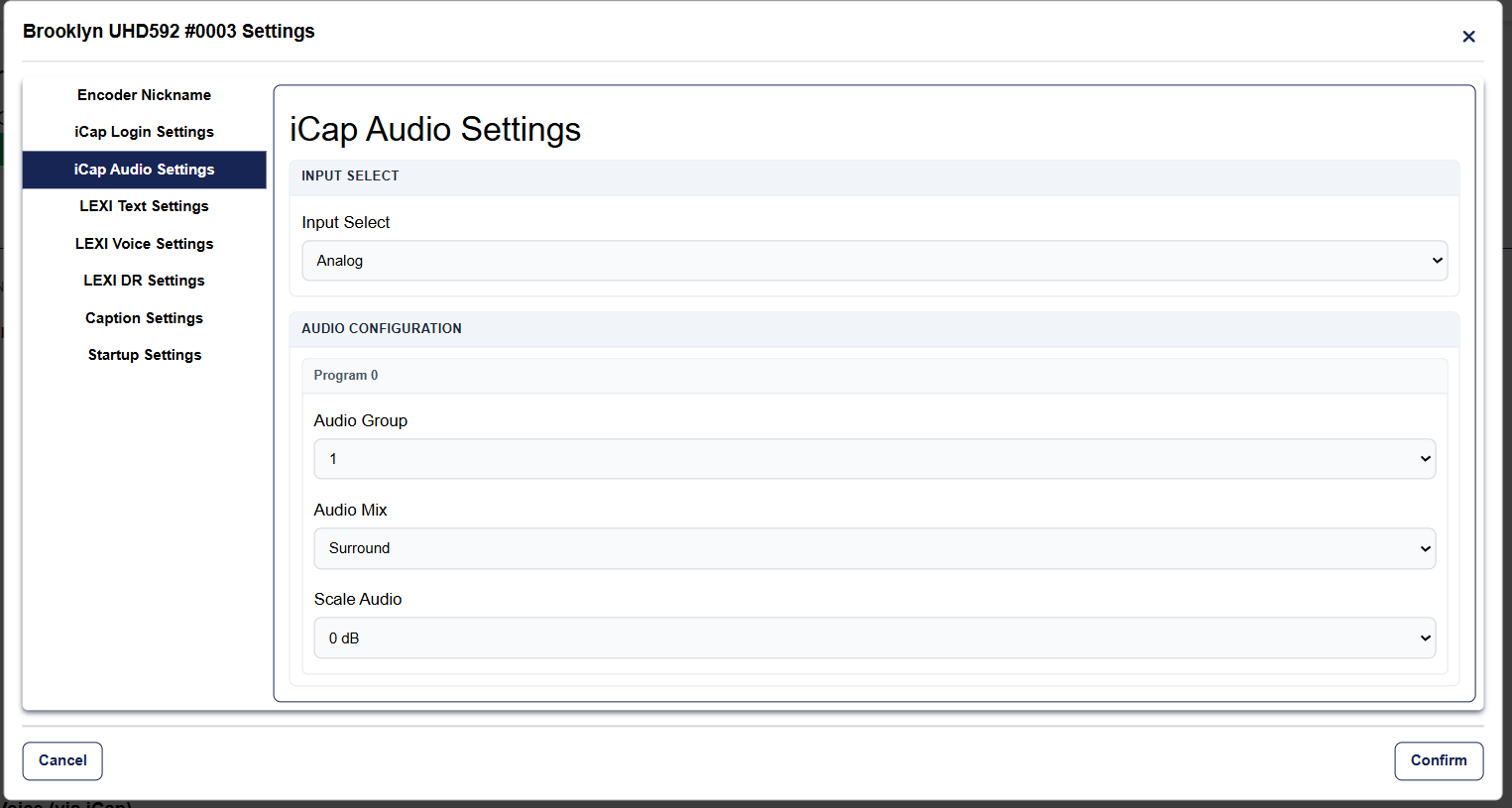 iCap Audio Settings with Analog input