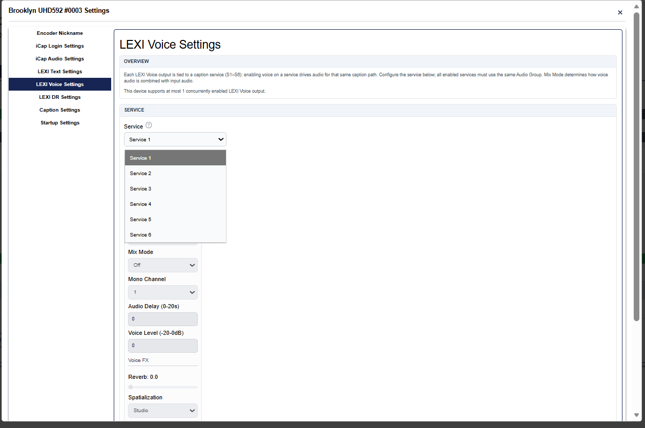 LEXI Voice Settings — service selection