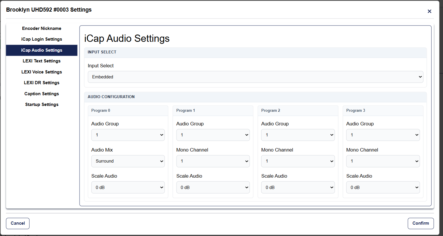 iCap Audio Settings with Embedded input