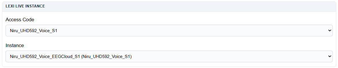 LEXI Live Instance — access code and instance selected