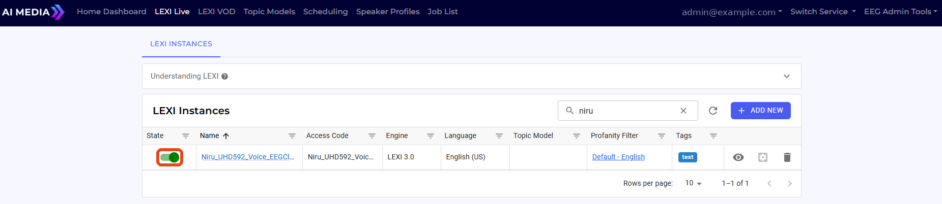 LEXI Live — LEXI Instances list with S1 instance