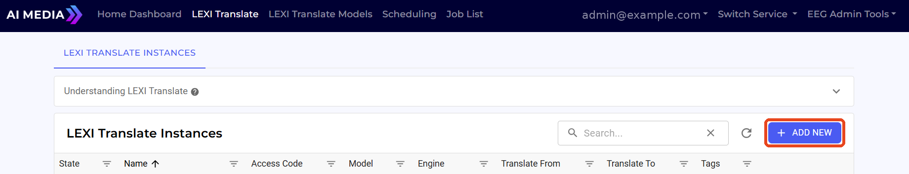 LEXI Translate — Instances list (empty)