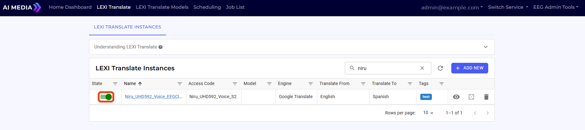 LEXI Translate — Instances list with S2 instance