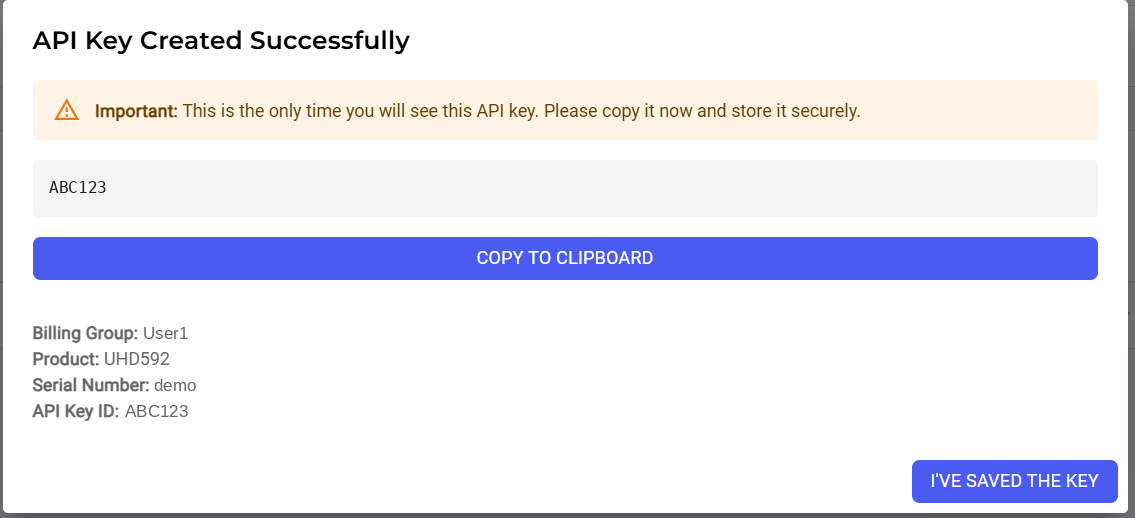 API Key Created Successfully — generic values