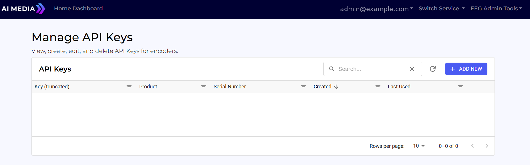 Manage API Keys — empty list