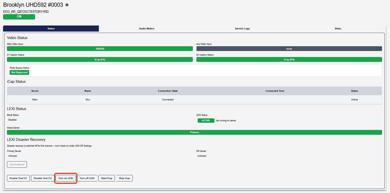 Encoder Status page — Turn on LEXI highlighted