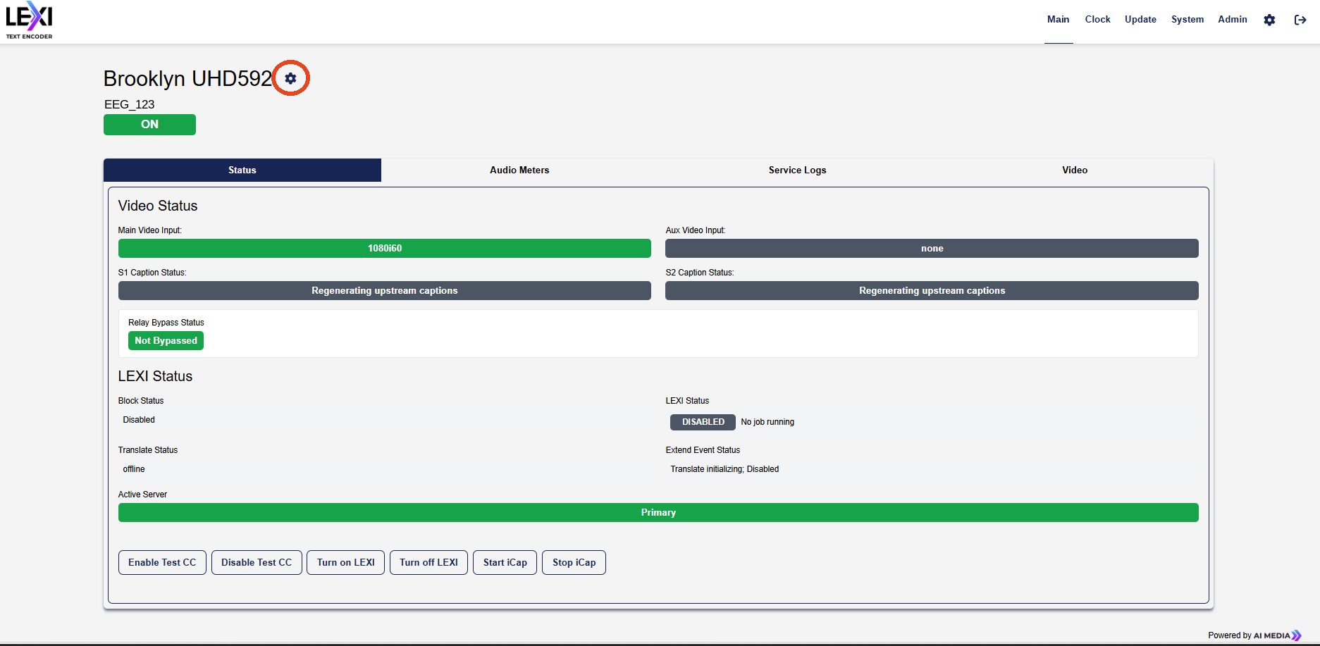 Encoder Status page — settings gear highlighted